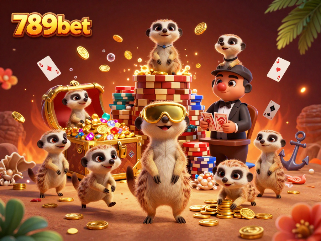 Experience the lively 789bet casino with meerkats running games, chip stacks, and treasure elements.