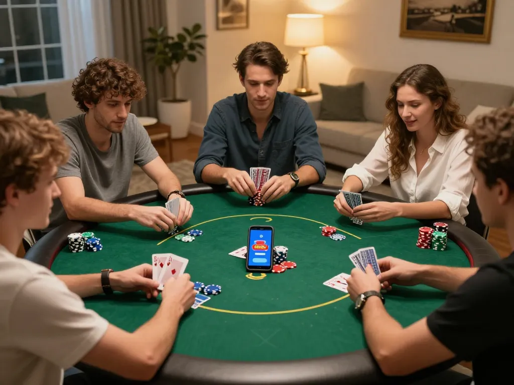 Poker players engaged in strategic gameplay with the nk88 app on display, showcasing an exciting home game atmosphere.