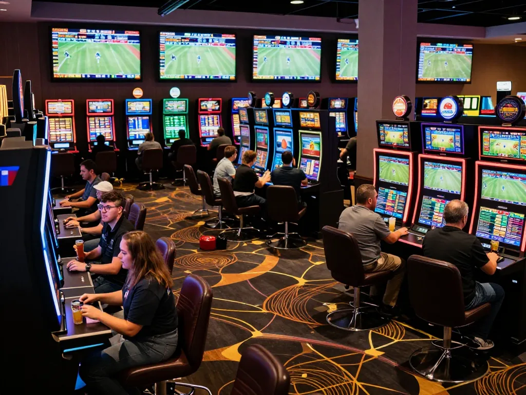 Engaged sports fans placing bets on ผลบอล in lively casino betting area with multiple screens