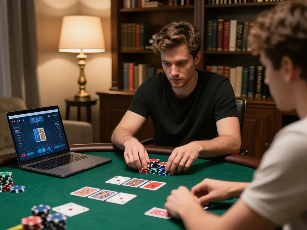 Player engaging in an online poker game on their laptop, emphasizing strategic play with 33WIN for an immersive gaming experience.