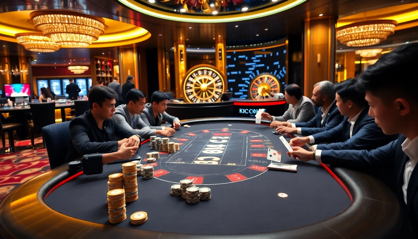 Play poker in a luxurious casino setting at Kjc us com, highlighting excitement and strategy.