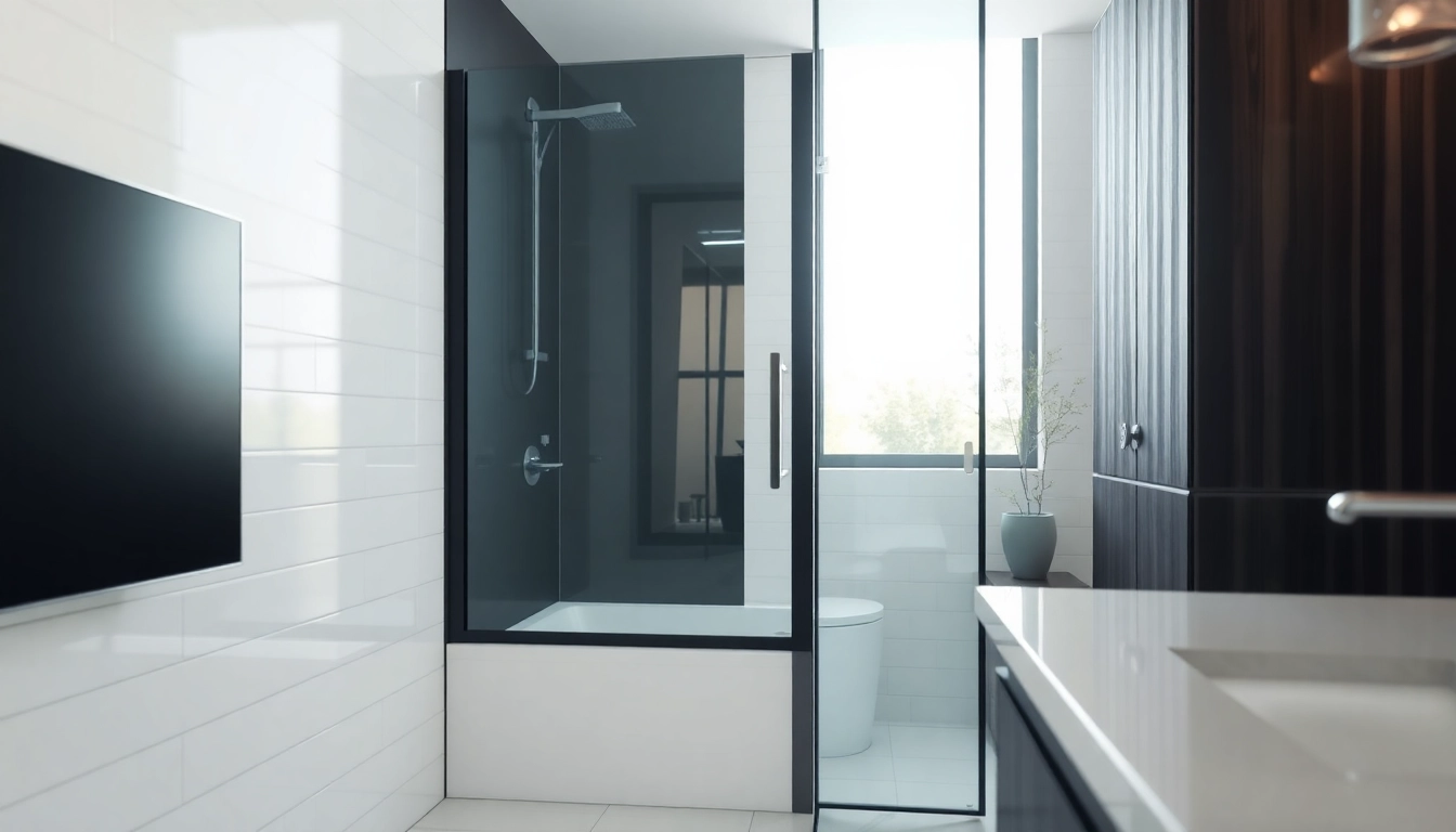 Stylish black shower door enhancing modern bathroom design with sleek aesthetics.