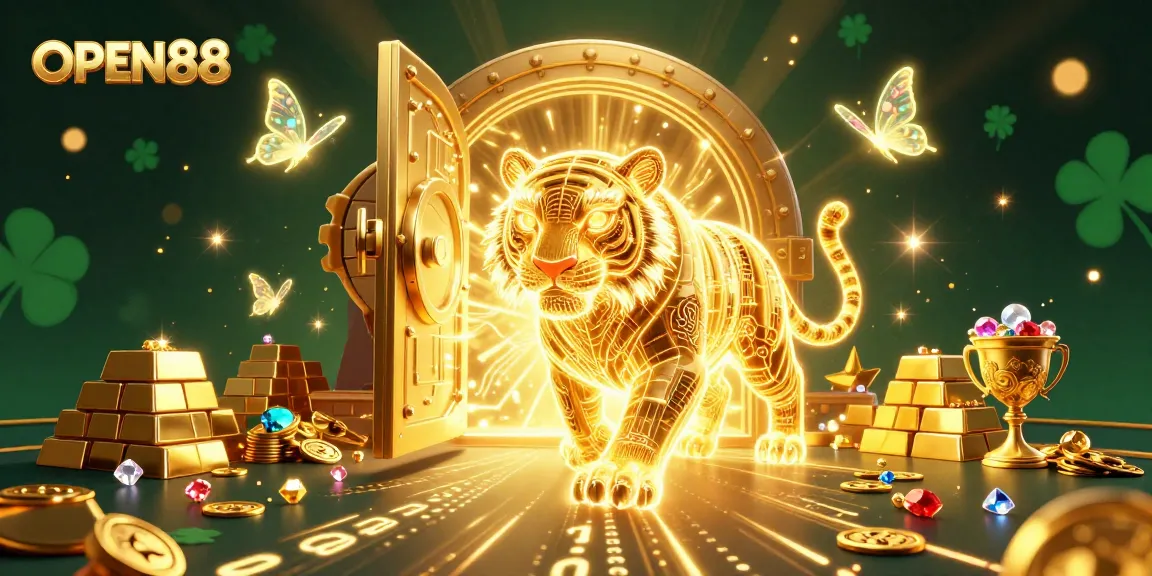 Experience thrilling adventures at OPEN88 with a radiant golden tiger symbolizing luck and wealth in a digital casino.