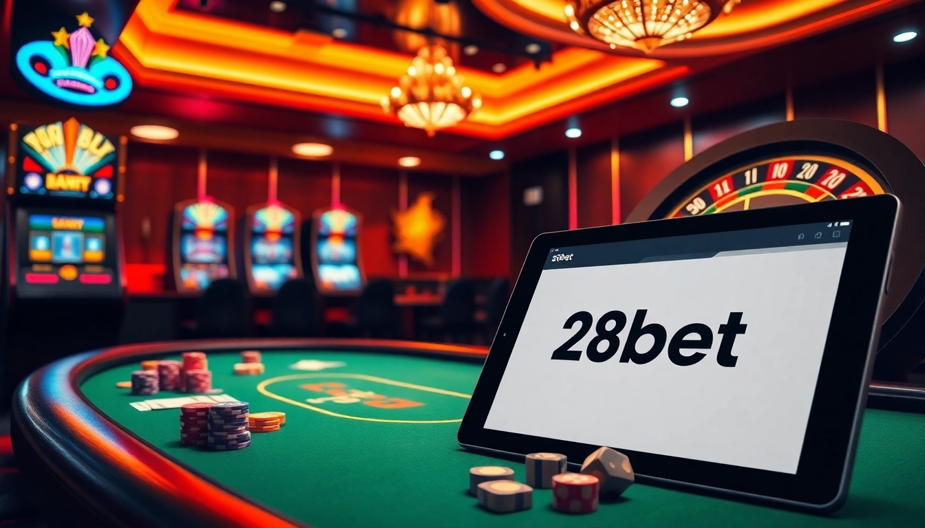 Experience 28bet's thrilling online casino with vibrant slots and poker tables in action.