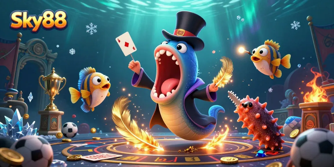 Sky88 showcases a vibrant underwater casino scene with characters performing magic tricks amidst sports betting elements, creating excitement.