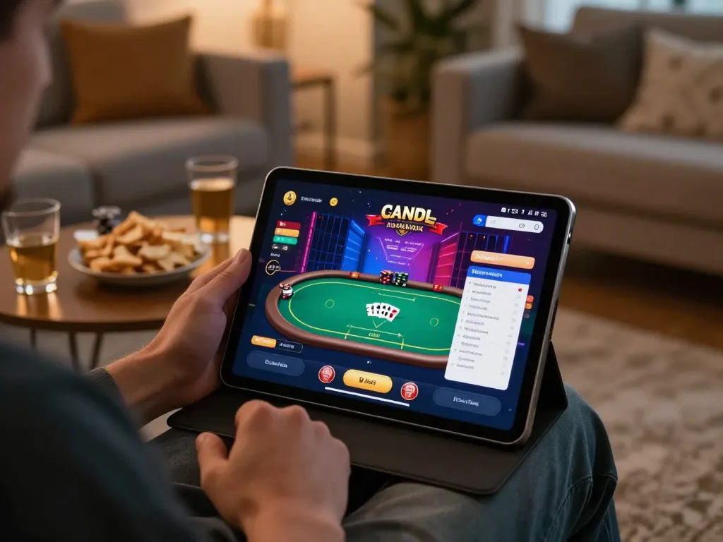 Player engaged in win678 online poker game on tablet in a cozy home setting.