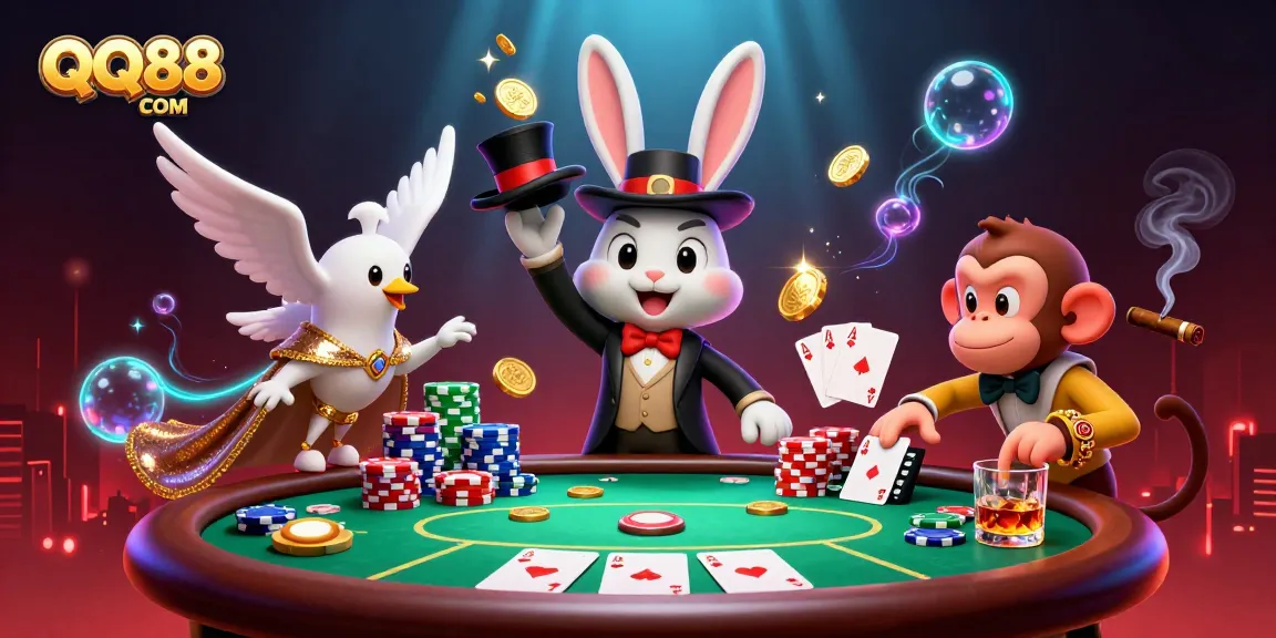 Engage in thrilling gameplay at QQ88 COM with a vibrant 3D casino scene showcasing poker elements.