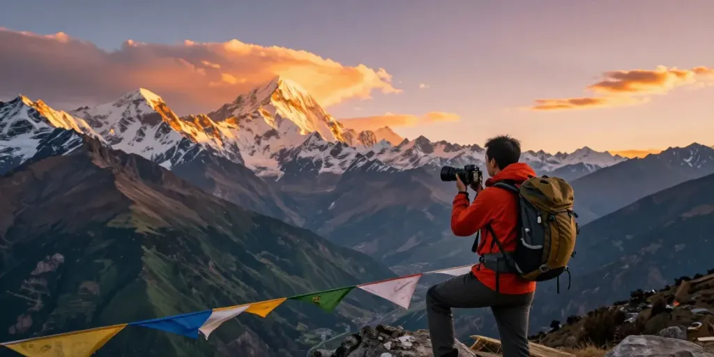 Senderista durante el Manaslu Trek con paisajes montañosos impresionantes al atardecer.
