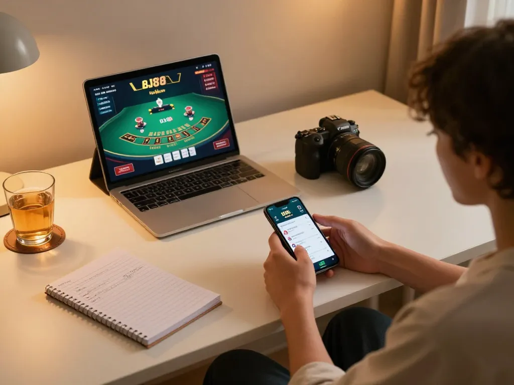 Engaging with BJ88 mobile app while enjoying a comfortable gaming setup at home