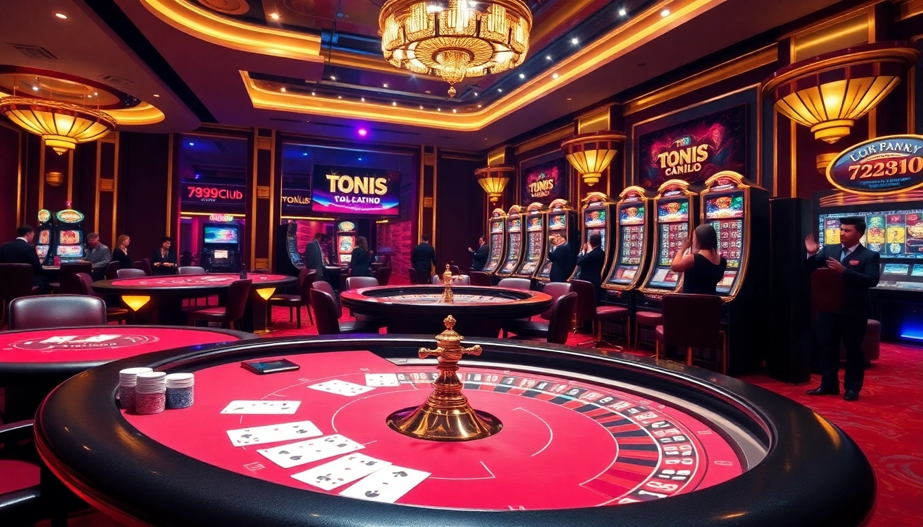 Engaging scene of players enjoying various casino games at 789club, featuring poker tables, roulette, and vibrant slot machines.