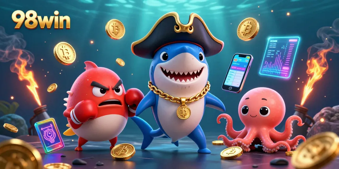 Engage with 98win's vibrant underwater casino scene filled with digital coins and characters.