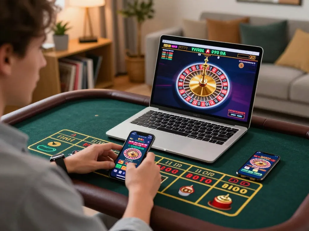 Player using pucuk138 online casino interface for live roulette in a stylish home setting.