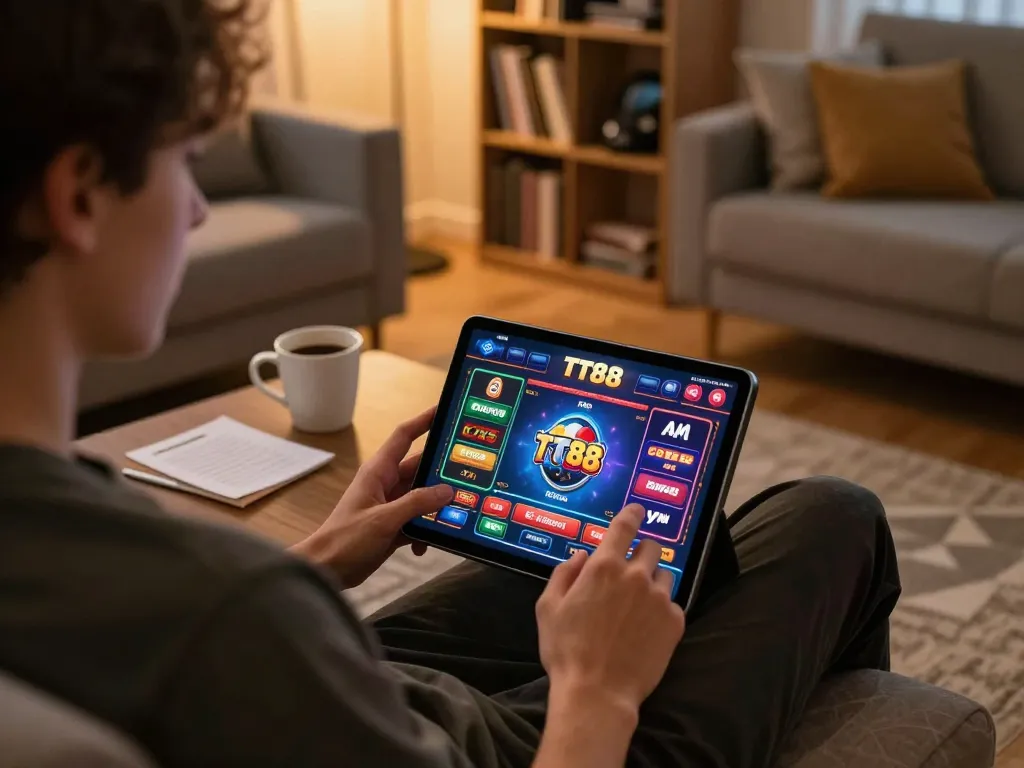 Player enjoying TT88 online gaming experience on a tablet in a cozy living room.