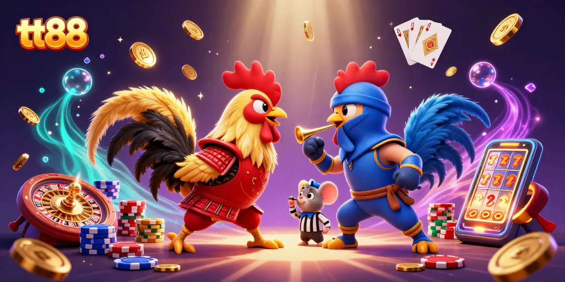 Celebrate thrilling action at tt88 with cartoon roosters in a dramatic fight, alongside sparkling casino elements.