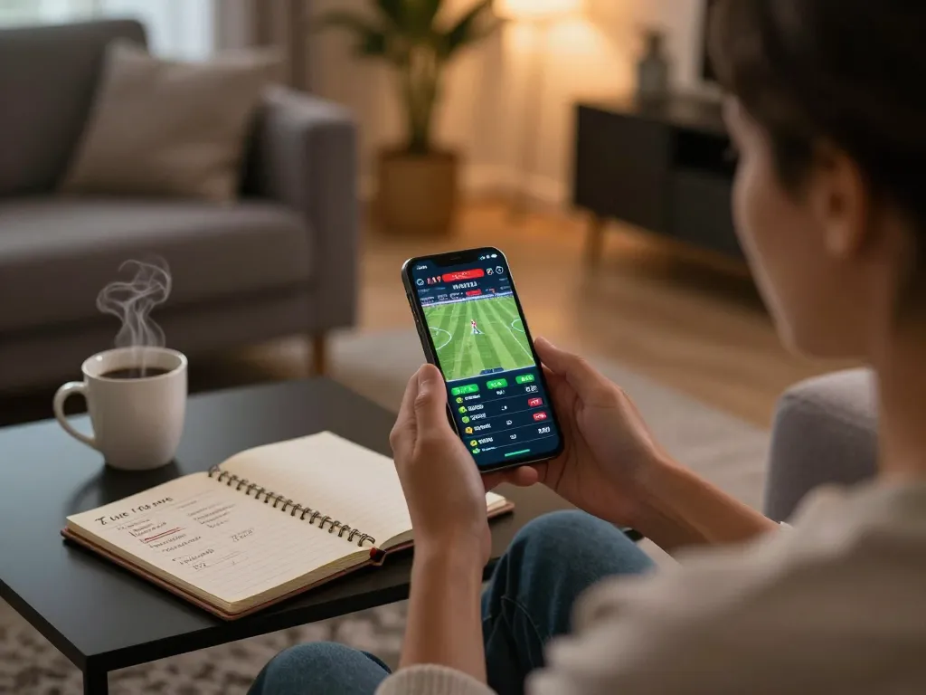 The online betting experience at nhà cái 13WIN, showcasing a user engaged with live sports odds on a smartphone in a cozy home environment.