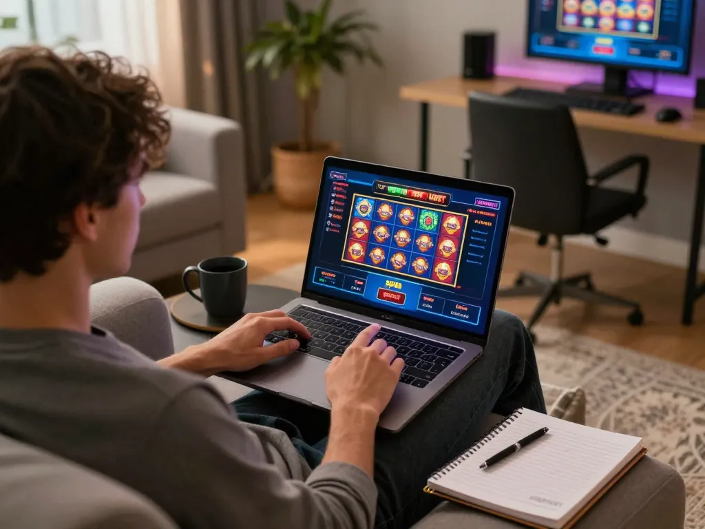 Player engaging with HUBET's online casino platform, showcasing a vibrant gaming interface and strategic elements in a cozy setting.