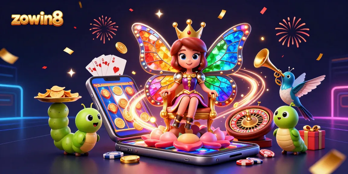 Join the magical world of zowin8 where the butterfly queen oversees a dazzling casino scene.