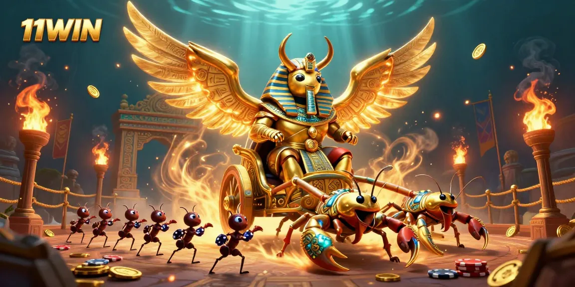 Join the action in 11WIN's vibrant casino world, where a colossal golden scarab and jeweled scorpions bring excitement!