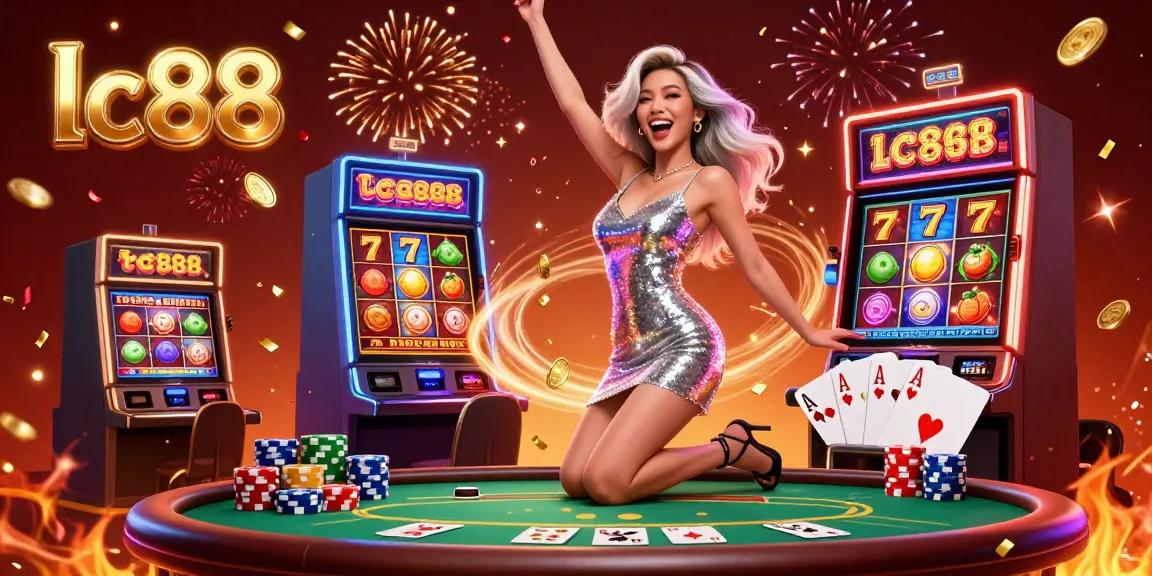 Experience the excitement of lc88 at a casino with a joyous celebration around a jackpot slot machine and poker elements.