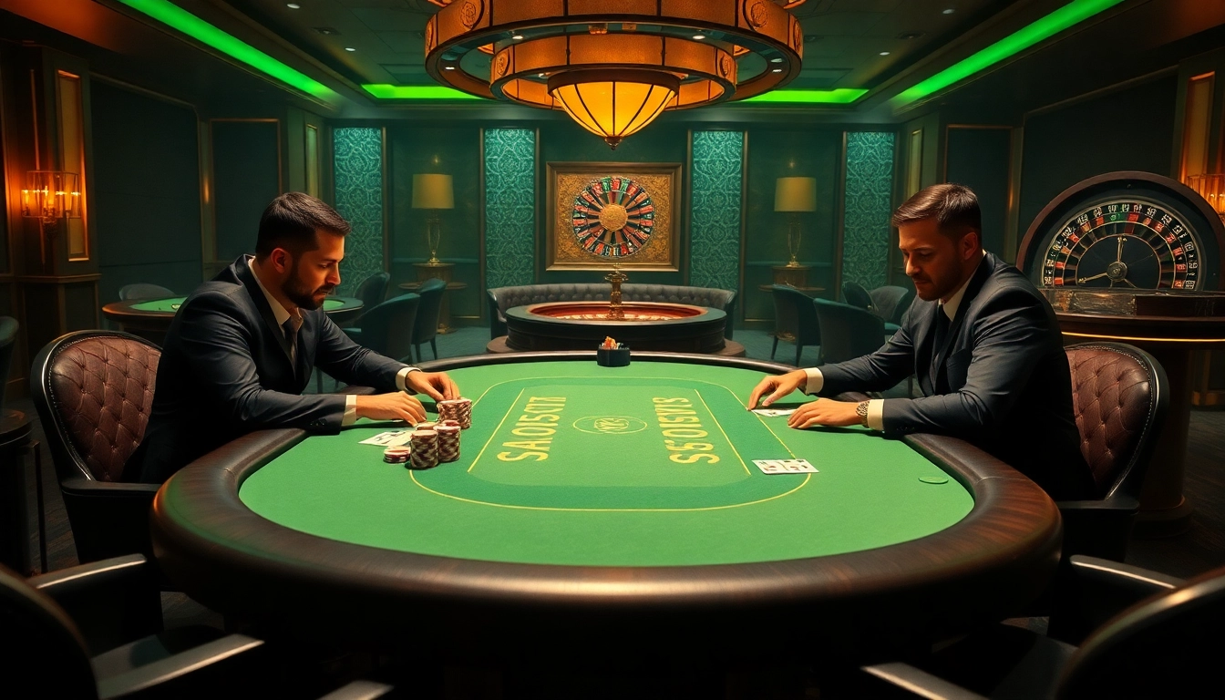 Lu88 poker players strategize at a lavish casino table with vibrant chips and cards.