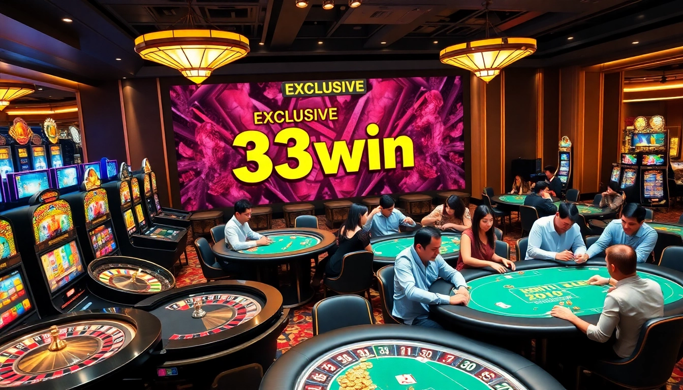 Excited players enjoying a thrilling gaming experience at 33win, surrounded by vibrant casino elements and promotions.