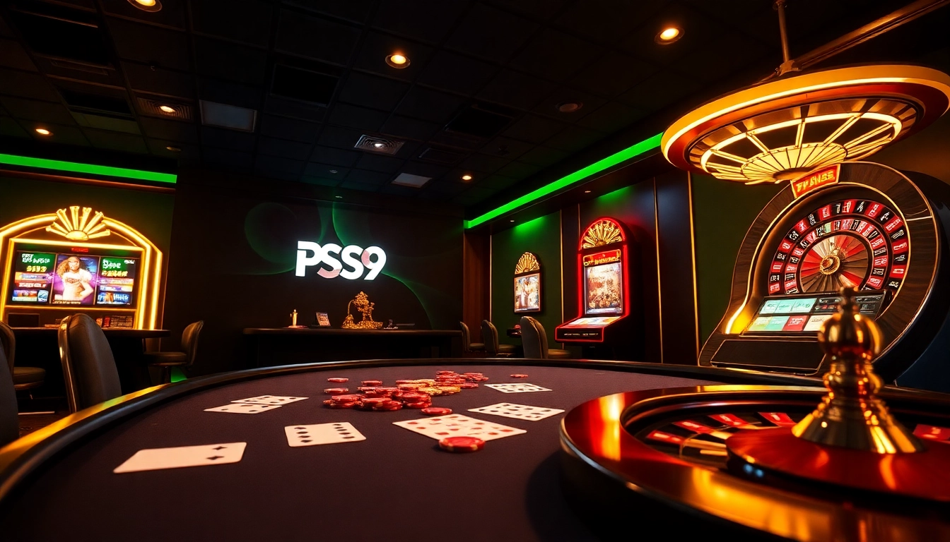 Experience thrilling gaming at PS99 casino with poker chips, cards, and a roulette wheel.