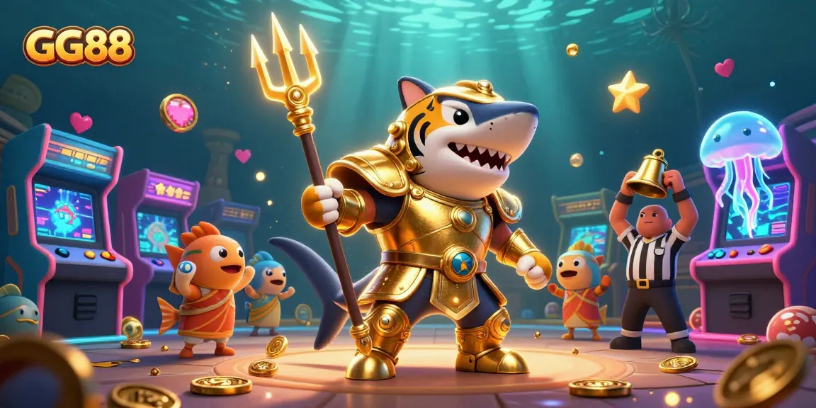 Engage with GG88's exciting atmosphere featuring a tiger shark gladiator in an underwater arcade with vibrant game elements.
