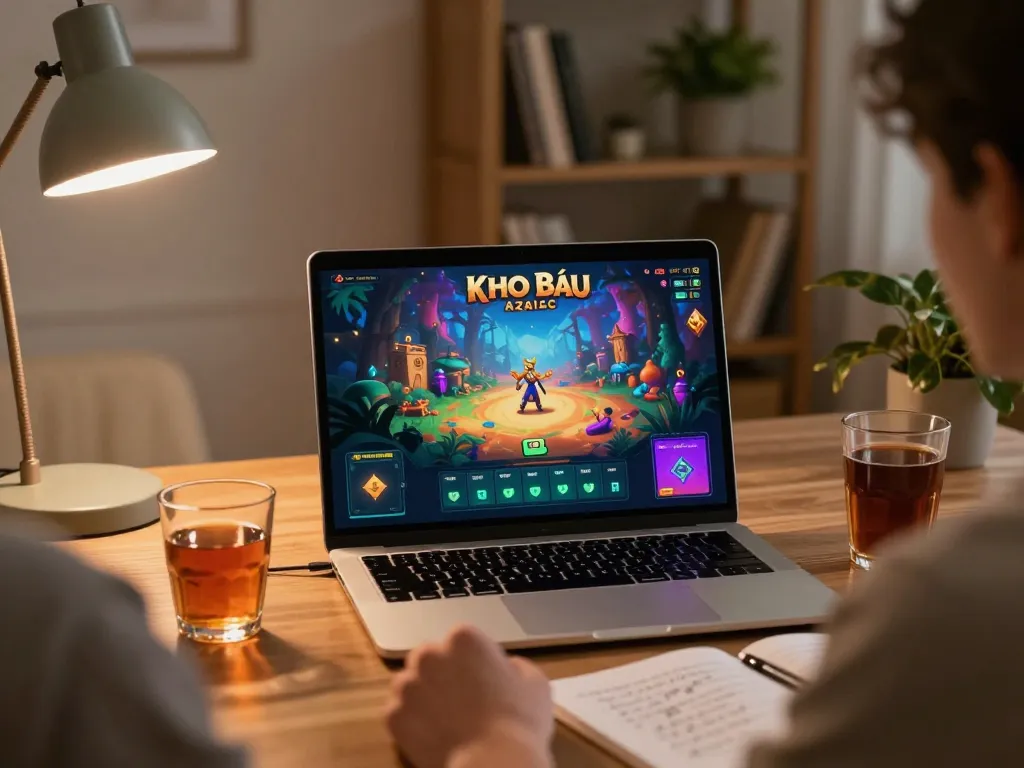 Engaging in Kho Báu Aztec gameplay on a laptop in a cozy home setup, showcasing online gambling strategies.