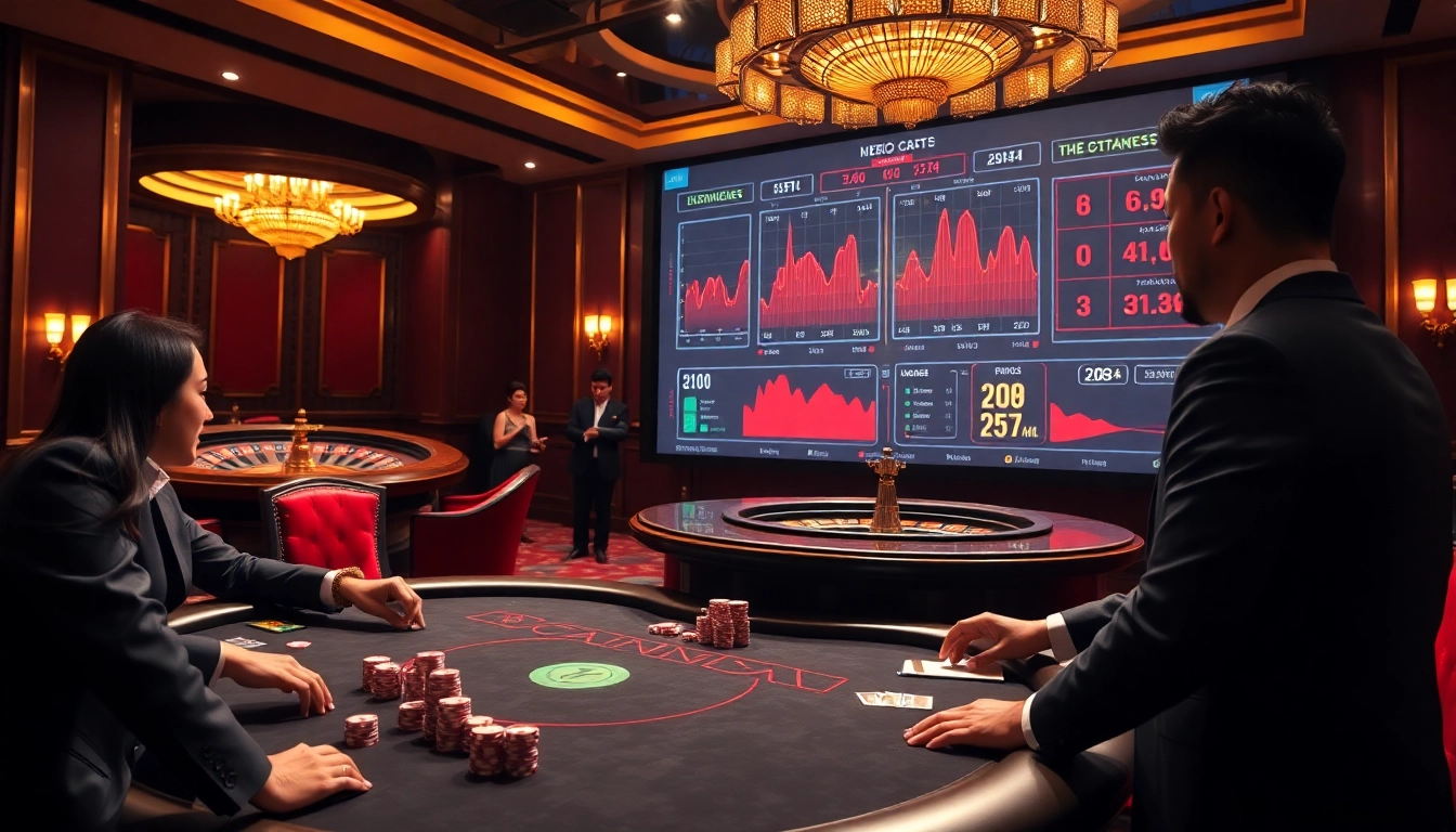 Kèo nhà cái statistics displayed on a digital screen in a luxurious casino setting during a serious poker game.