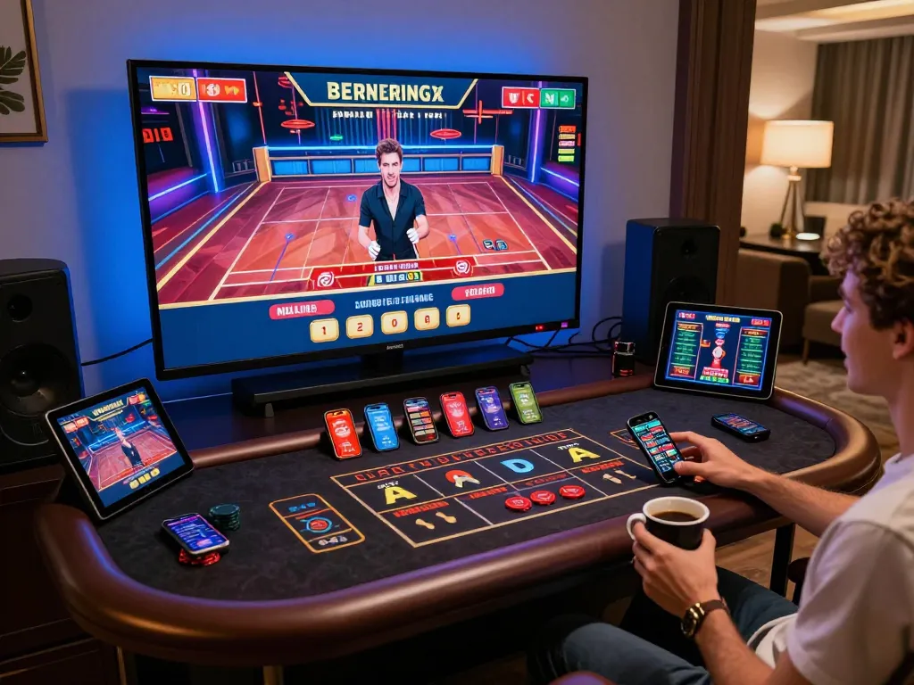 Person engaging with live dealer games on 23Win's online gaming platform, showcasing a vibrant home gaming setup.