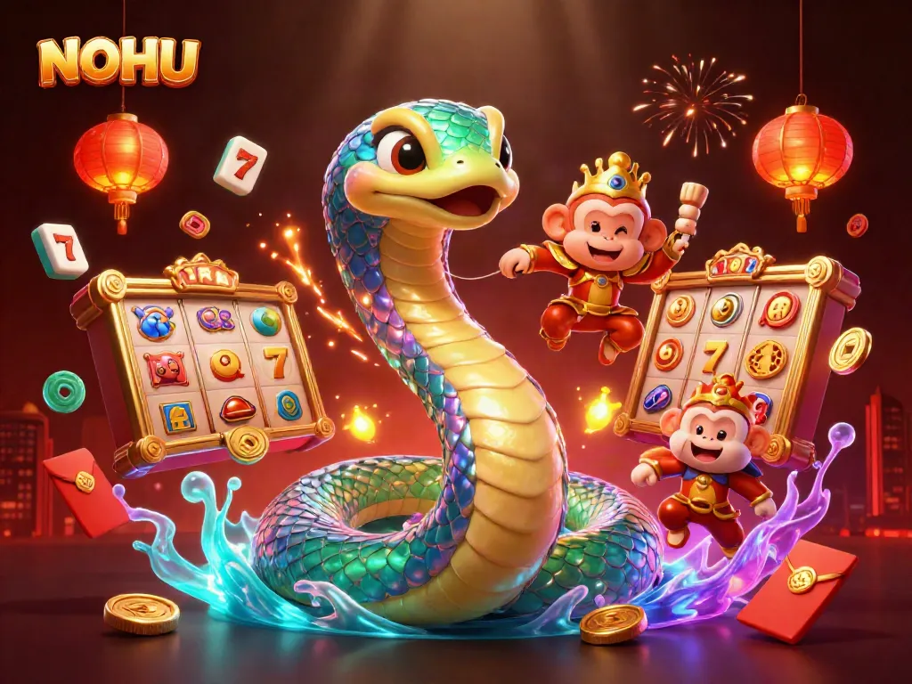 Engage with NOHU's thrilling slot gaming experience, featuring a vibrant cartoon scene of luck and fortune.
