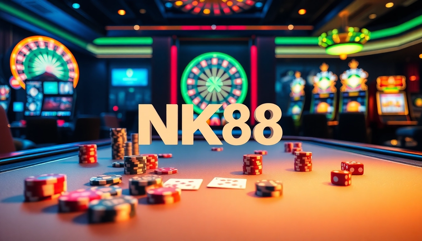 Experience thrilling gameplay at NK88 with a luxurious casino ambiance featuring poker chips and slot machines.