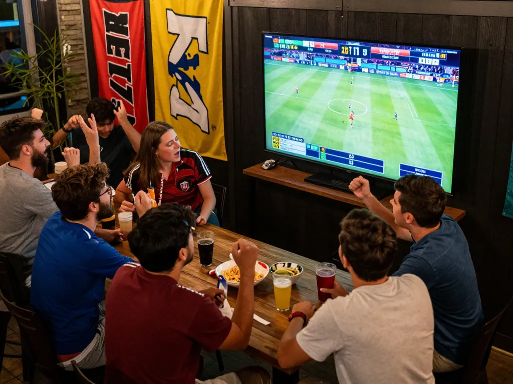 Friends enjoying sports betting at go8, cheering for live games with drinks.