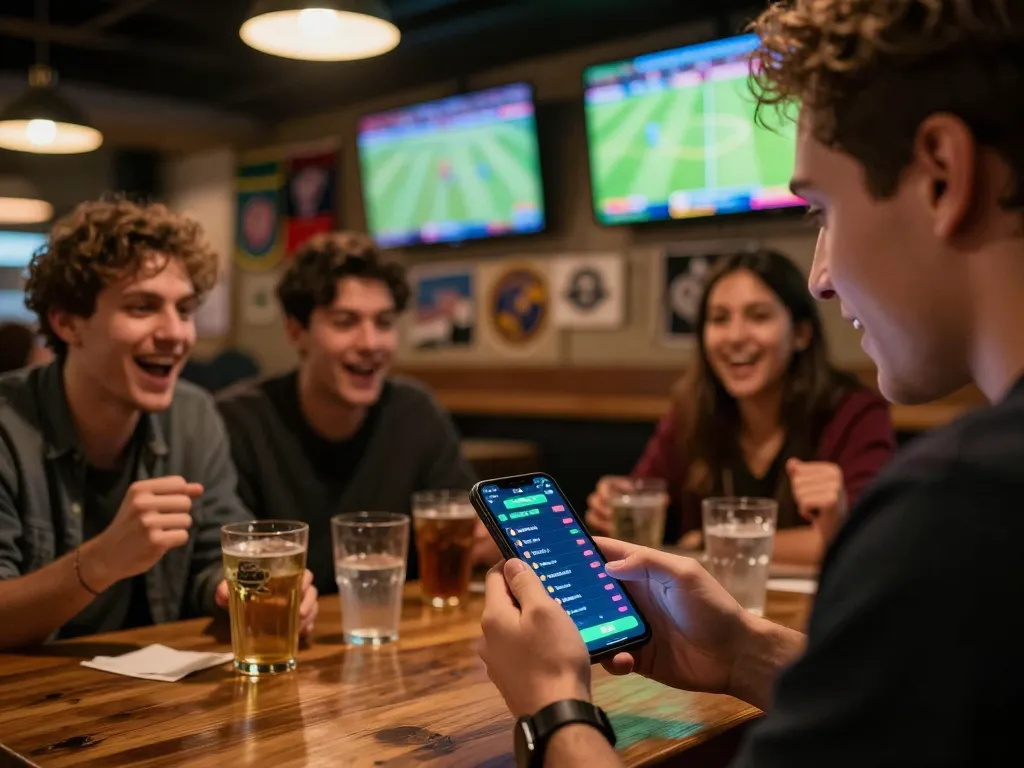 Engaged sports bettor checking tỷ lệ kèo cúp C1 on smartphone at lively sports bar during matches.