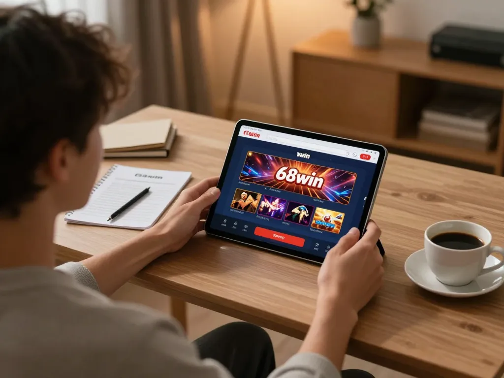 Player engaged with the 68win app on a tablet, highlighting strategic online gaming in a cozy environment.