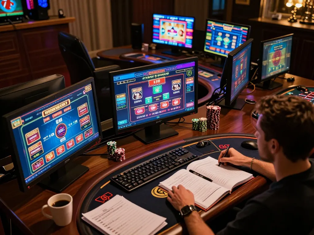 Strategic gaming session with tr88 displayed on multiple screens in an upscale online casino setup.
