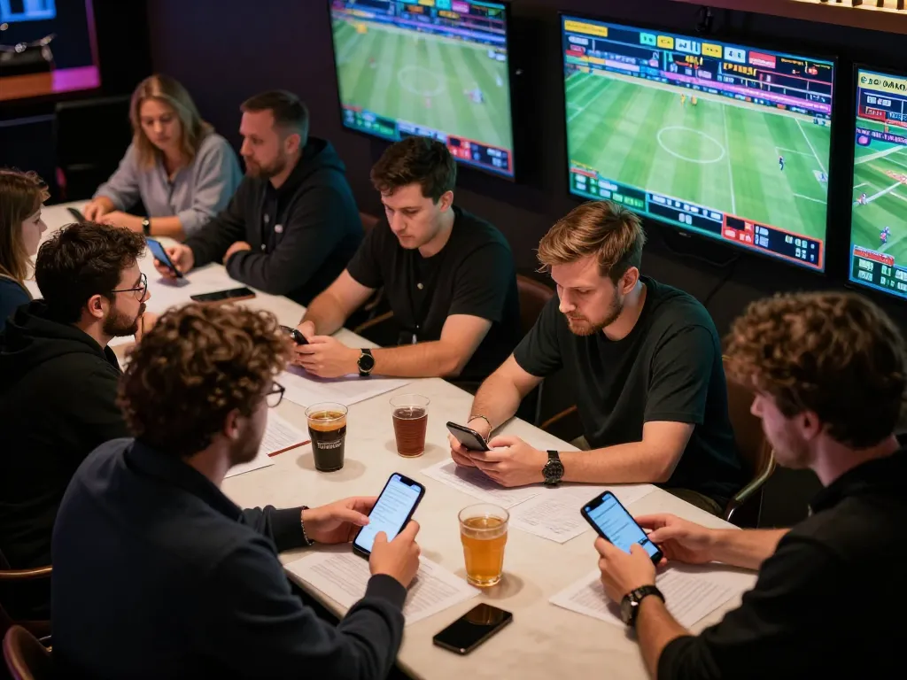 Engaged players utilizing Winbd's mobile app for live sports betting in a vibrant and exciting atmosphere