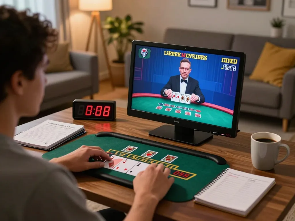Engaged player enjoying sunwin online blackjack at home, showing live dealer and strategic notes.