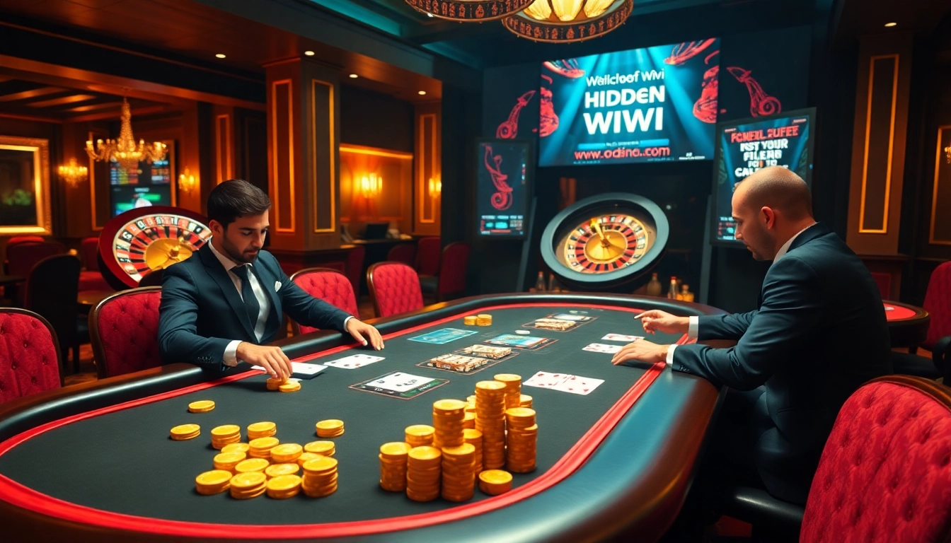 Engaging poker game scene highlighting hidden wiki URL in a luxurious casino setting.