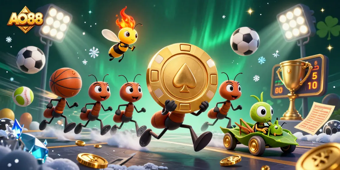 Ants execute a daring heist for a massive AO88 poker chip, encapsulating thrilling casino action.