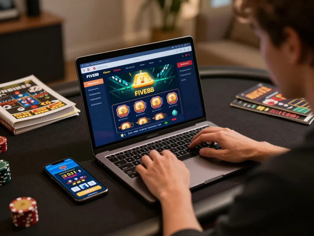 Engaging online gambling scene with FIVE88 casino interface on laptop and live dealer options.