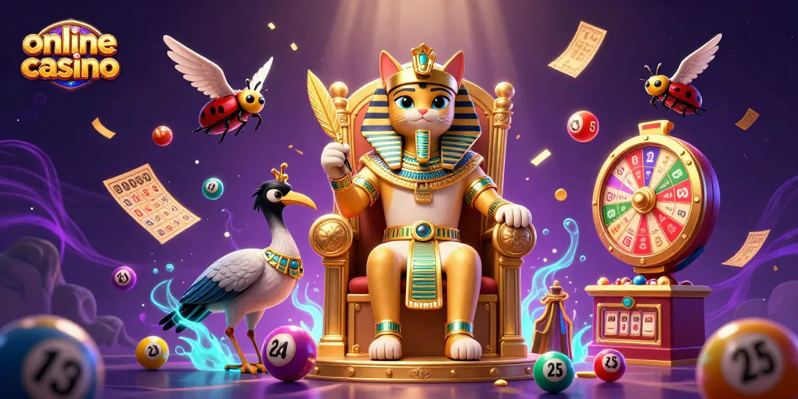 Experience the thrill of an online casino with a vibrant 3D scene featuring a pharaoh cat and lively gaming elements.