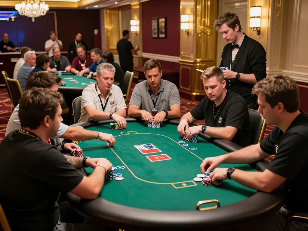 Players engaging in high-stakes poker game at upscale casino showcasing Dwin-inspired tournament ambiance