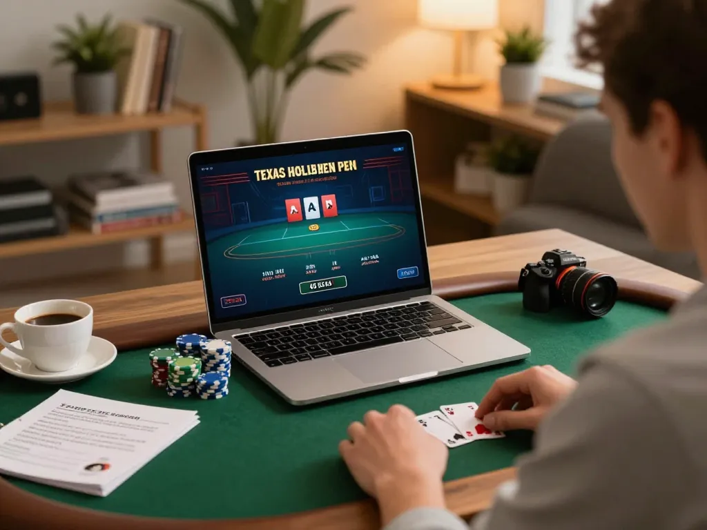Twiin68 online poker player strategizing with chips while enjoying a cozy home setting.