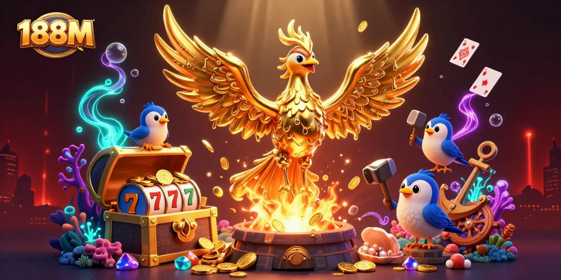 188M showcases a vibrant golden phoenix amidst exploding slot games and treasures, emphasizing winning moments.