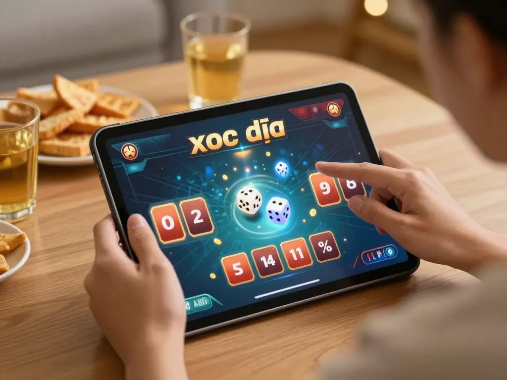 Engaging gameplay of xóc đĩa on a tablet during a cozy home gaming session.