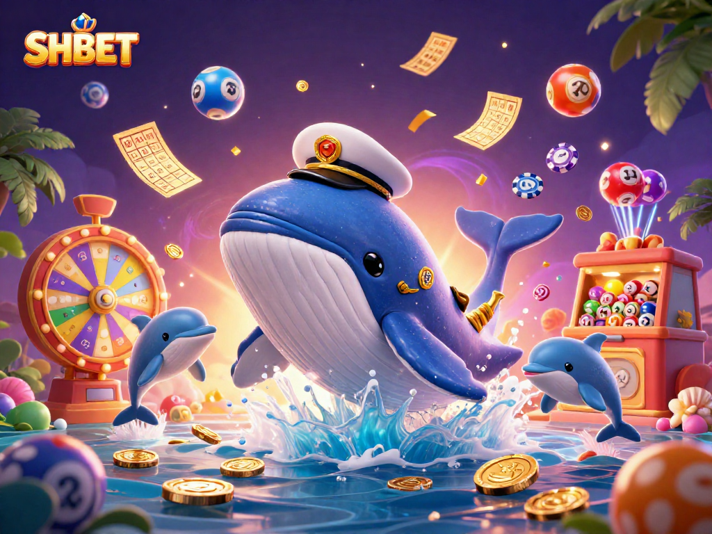 Experience vibrant winnings with SHBET, featuring playful dolphins and a majestic whale in a dynamic casino scene.