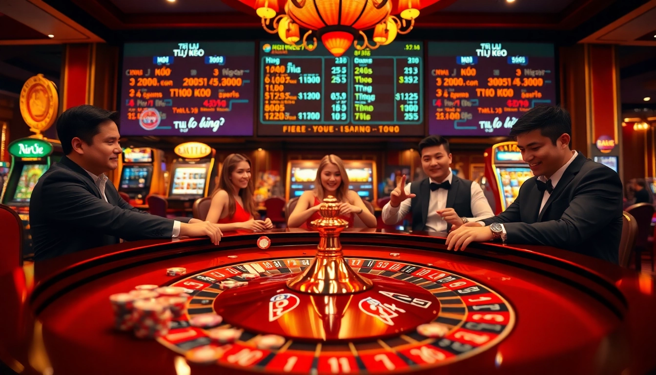 A lively casino scene featuring a roulette table, vibrant chips, and cards, illustrating the excitement of betting with tỷ lệ kèo prominently displayed.