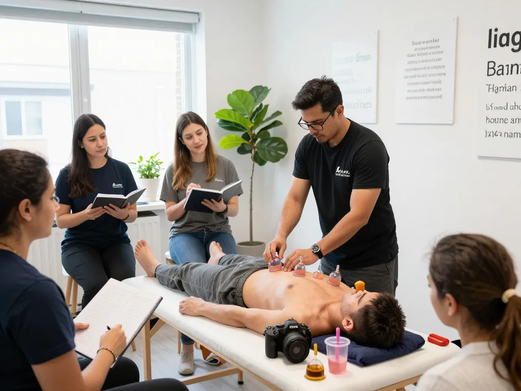 Practicing hijama course London with instructor demonstrating cupping techniques in a bright studio setting.