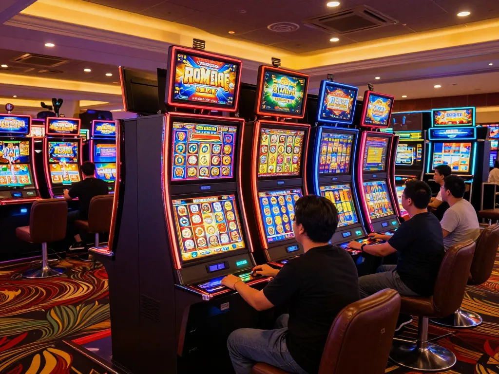 Engaging players enjoying Slot Malaysia in a lively casino with colorful machines.